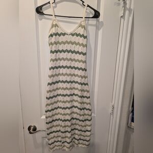 Crochet-Style Midi Dress in an off-white and green chevron pattern. With A Slit